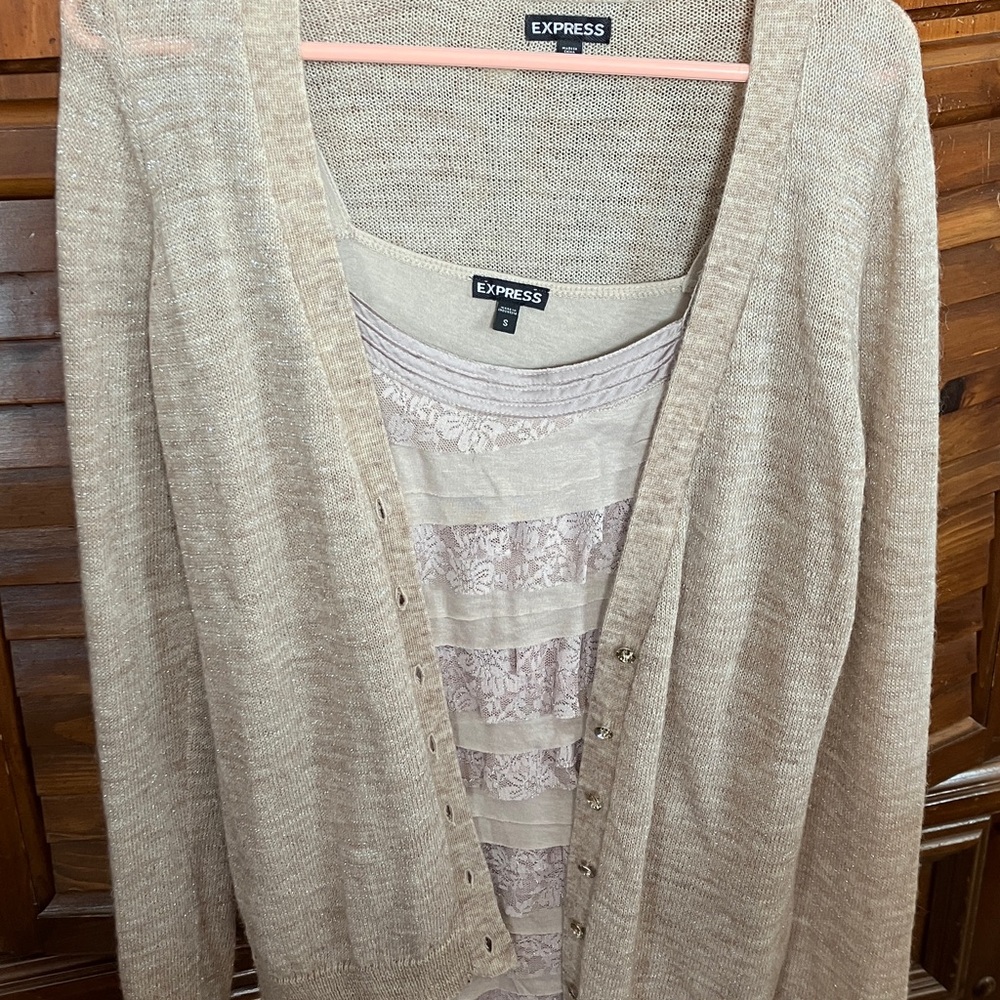 Express Women's Beige Cardigan Sweater and Matching Ruffle Tank